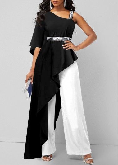 Elegant Black And White Outfits, Kombinezon Elegant, Half Suit Half Dress, Asymmetrical Jumpsuit, Elegant Jumpsuit, Classy Jumpsuit, Blouses Designs, Jumpsuit Style, Gala Outfit