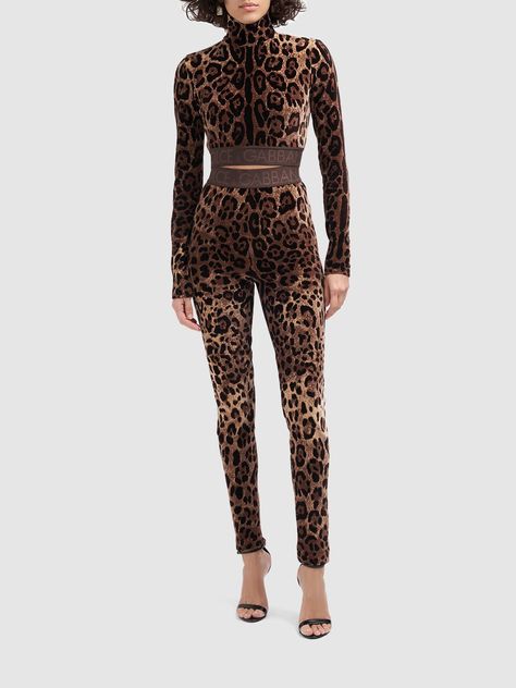 Find DOLCE & GABBANA Leopard Print Chenille Leggings on Editorialist. Concealed back zip closure. Logo elastic waistband. All over pattern placement may vary. Model is wearing a size40 Feminine Chic, All Over Pattern, Stefano Gabbana, High Neck Long Sleeve, Leopard Pattern, Shearling Jacket, Cropped Leggings, Swimwear Tops, Party Outfit