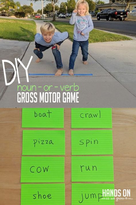 Discover the difference between nouns and verbs with an easy to DIY gross motor game that's perfect for preschoolers! via @handsonaswegrow Motor Games For Kids, Gross Motor Games, Noun Games, Verb Games, Nouns Activities, Verbs Activities, Grammar Games, Nouns And Verbs, Gross Motor Activities