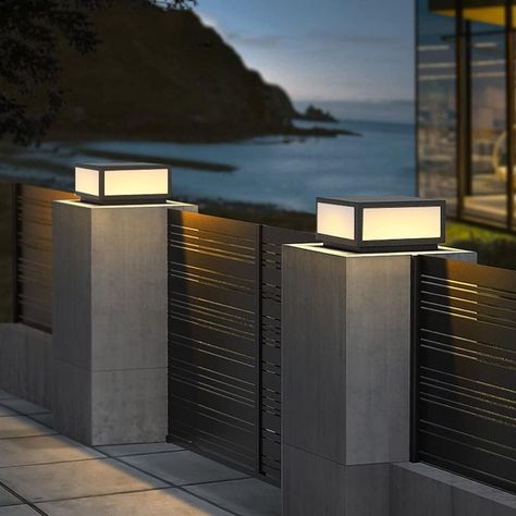 SLAWA Outdoor Post Caps Light With Pier Mount Base Column Cap Lamps Black Waterproof Pole Lantern Light Fixture Square Exterior Pillar Lamp Outdoor Lighting Aluminum Landscape Light For Path Lawn Yard - Amazon.com Gate Lights Entrance Modern, Gate Lights Outdoor Modern, Driveway Pillars With Lights, Gate Lights Outdoor, Post Lights Outdoor, Gate Lamp, Pillar Lights Outdoor, Outdoor Pillar Lights, Modern Column