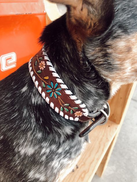 Spoil your pup with this gorgeous tooled leather dog collar. These are amazing quality and just simply beautiful. Leather tooling, painted floral vine details, and white whip stitching. Available in small, medium and large. Mexican Dog Collar, Custom Leather Dog Collar, Tooled Dog Collars, Embroidered Dog Collar, Western Dog Stuff, Tooled Leather Ideas, Western Dog Accessories, Doberman Collar, Western Leather Dog Collar