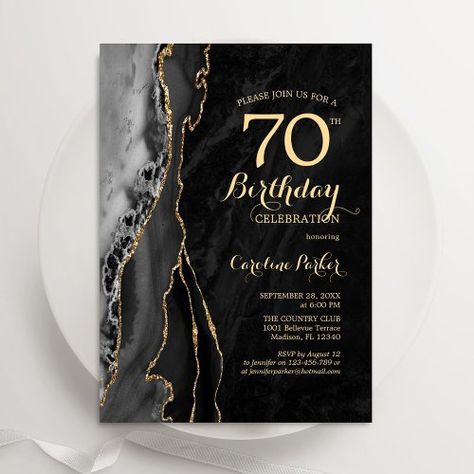 $1.85 | Black Gold Agate 70th Birthday #70th birthday party, black gold, agate, womens birthday, geode, marble, glitter, elegant, milestone, adult birthday 65th Birthday Invitations, 50th Birthday Invitation, 90th Birthday Invitations, Womens Birthday, 70th Birthday Invitations, 50th Birthday Decorations, Bday Invitations, 60th Birthday Invitations, 30th Birthday Invitations