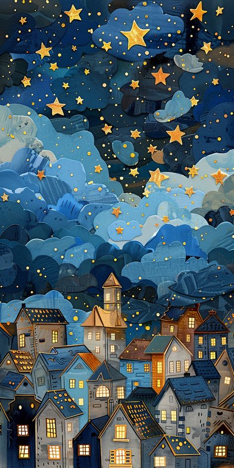 #WhimsicalCityscape #Nighttime #PaperCutouts #CollageTechniques #Dreamy #Magical #TheCandie Night Sky Artwork, House In The Clouds, Murmuration Art, Night Scenes, Inspirational Digital Art, Whimsical Art Paintings, Arte Folk, Night Sky Painting, Space Phone Wallpaper