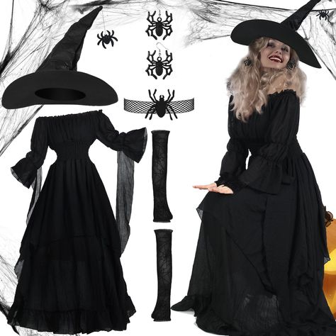 PRICES MAY VARY. Witch Costume for Women: you will receive 1 black goth dress, 1 black witch hat, 1 pair of long elbow gloves, 1 spider necklace and 1 pair of spider earrings, sufficient quantities for various combinations to show your personal charm on Halloween Witch Costume Features: the witch dress has elastic soft neckline, which can be worn on and off the shoulder will show a more beautiful neck lines, elasticized/ high/ smocked waist and bell sleeve suitable for your body perfectly, full Black Medieval Dress, Witch Costume Women, Pilgrim Dresses, Black Goth Dress, Witches Costumes For Women, Witch Costume Diy, Peasant Costume, Halloween Witch Costume, Dress With Hat