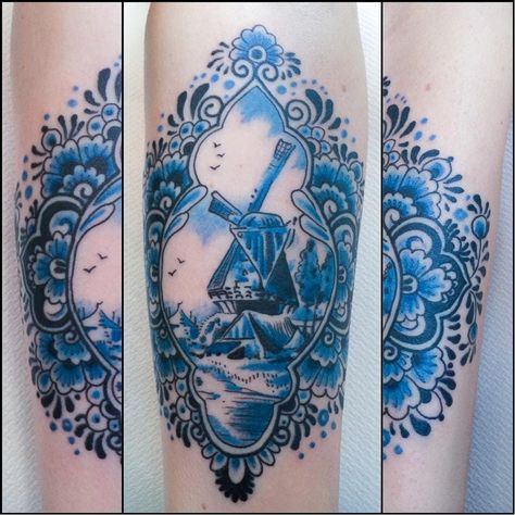 Delft Blue Windmill Tattoo, Dutch Delft Tattoo, Delft Blue Tattoo Dutch, Blue Delft Tattoo, Dutch Tattoo Ideas Netherlands, Dutch Inspired Tattoos, Delftware Tattoo, Dutch Tattoo Ideas, Delft Blue Tattoo