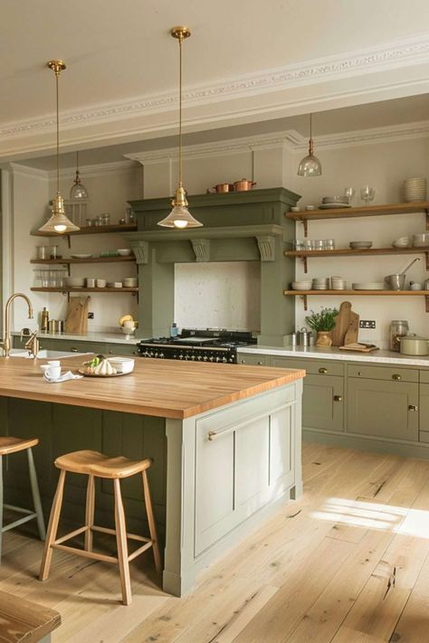 Green Kitchen Scandinavian, Natural Wood And Green Kitchen Cabinets, Organic Modern Green Kitchen, Kitchen Light Cabinets Dark Counter, Green Neutral Kitchen, White And Green House Interior Design, New Build Interior Design, House Interior Green, Green House Interior Ideas