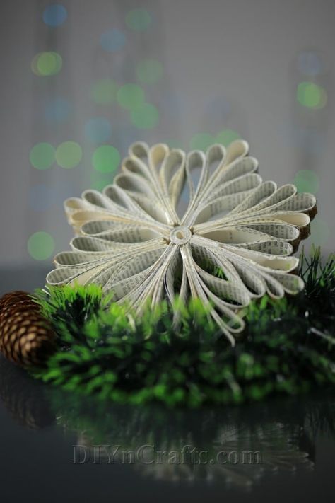 How to Make Snowflake Ornaments Out of an Old Book - DIY & Crafts Christmas Decor With Book Pages, Recycled Books Crafts, Book Paper Pinecone Diy, Old Book Ornaments Diy, Diy Book Crafts Upcycling, Christmas Ornaments Made From Old Book Pages, Ornaments Out Of Book Pages, Christmas Decor Ideas For Library, Book Page Wreaths