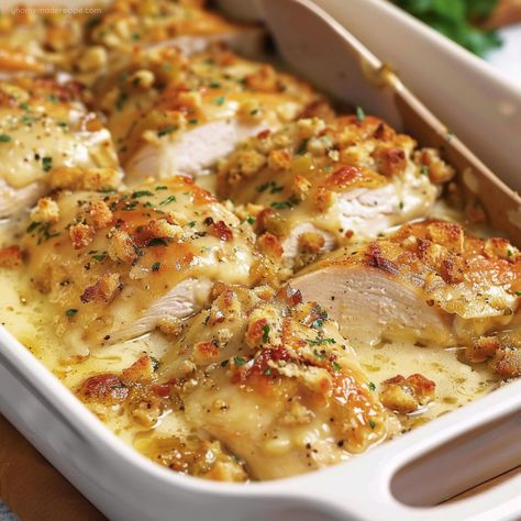 Chicken Casserole Dishes For Dinner, Creamy Swiss Chicken Bake, Chicken Swiss Bake, Swiss Cheese Chicken Bake, Swiss Chicken Bake With Stuffing, Chicken Swiss Cheese Stuffing Casserole, Sunday Casserole Dinner, Recipes With Swiss Cheese, Swiss Chicken Casserole