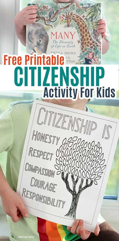 Free printable citizenship activity for kids! Explore the 5 themes of citizenship with this fun printable activity as part of the Family Dinner Book Club. Includes a "citizenship tree" coloring page activity along with service projects and family activities to encourage good citizenship. #freeprintable #kidsactivity #kidsbooks #citizenship Citizenship Activities For Kids, Teaching Citizenship, Family Tree Activity, Citizenship Activities, Citizenship Lessons, Free Family Printables, Building Character, Graffiti Names, Tree Coloring