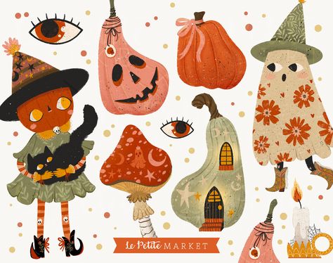 Fall Clip Art Autumn, Folk Art Pumpkin, Jack O Lantern Illustration, Autumn Illustration Art, Halloween Illustration Art, Fall Folk Art, Witchy Clipart, Witchy Illustration, Fall Illustrations