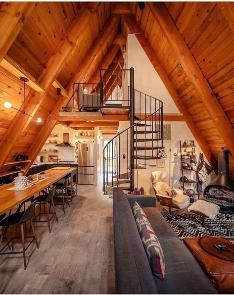 Kitchens In A Frame House, One Story A Frame House, A Frame Spiral Staircase, Wood Cabin Modern, A Frame Color Schemes, Interior A Frame Cabin, A Frame Interior Design Cabin, Rustic A Frame House, Aframe Home Designs