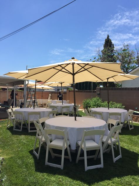 Setting up High school grad party and college send off. Umbrella Backyard, High School Grad Party, Baby Shower Table Set Up, Prom Send Off, Backyard Engagement, Backyard Engagement Parties, Backyard Baby Showers, Backyard Graduation Party, Bebe Shower