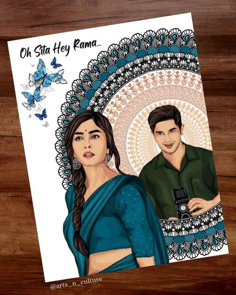 Sita Ram Movie Drawing, Sita Raman Drawings, Sita Ramam Sketch, Sita Ramam Film Images Drawing, Sita Ramam Drawing Easy, Sita Ramam Drawing, Bollywood Drawing, Illustration Mandala Art, Couple Mandala Art