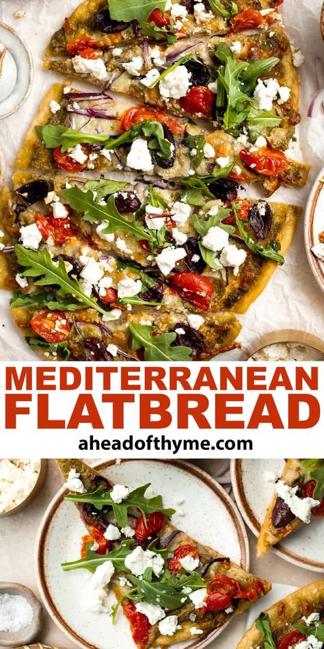 Pesto Feta Pizza, Flatbread With Arugula, Mediterranean Flatbread Recipe, Mediterranean Pizza Recipe, Feta Flatbread Pizza, Mediterranean Flat Bread, Lavash Flatbread Pizza, Mediterranean Flatbread Pizza, Arugula Flatbread Pizza