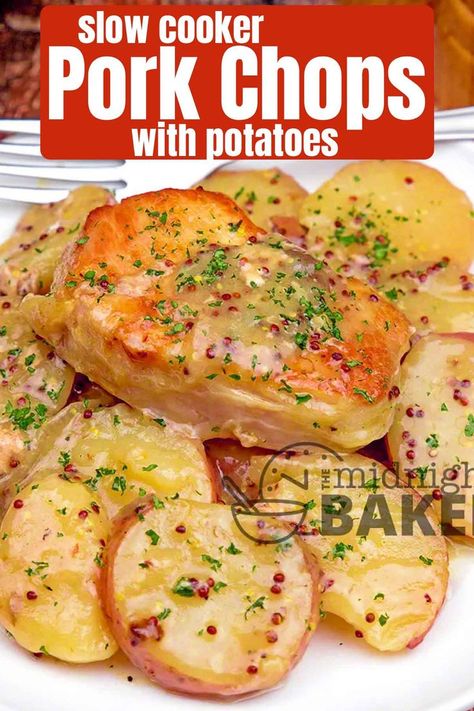 This Pork Chops and Potatoes recipe is the heartiest pork chops dinner you will make for your family! Also great to serve for Valentine's Day Dinner. Three Ingredient Pork Chops Crock Pot, Slow Cooker Alpine Pork Chops Cooktop Cove, Pork Chops In The Crock Pot Easy Crockpot Meals, Pork Chop Recipes In Oven Casseroles, Crockpot Recipes Small Crock Pot, Crockpot Boneless Pork Chops And Potatoes, Bone In Pork Chop Recipe Crock Pot Easy, Crockpot Pork And Potatoes, Pork Chops In The Slow Cooker