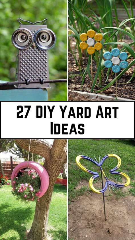 A vibrant yard featuring DIY yard art, including painted rocks, upcycled planters made from old tires, hanging lanterns, and garden sculptures made from recycled materials. Backyard Signs Diy, Front Yard Decor Ideas Diy Budget, Funky Patio Ideas, Upcycled Yard Art, Outdoor Garden Decor Ideas Diy Projects, Upcycle Garden Ideas, Outdoor Craft Ideas, Yard Art From Junk Repurposing, Recycled Garden Crafts