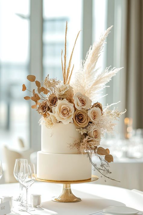 Elevated Boho Wedding, Boho Themed Wedding Cake, Brown And White Wedding Theme, Branding Ceremony Wedding, Boho Cake Wedding, Nude Theme Wedding, Boho Cake Table, Rustic Neutral Wedding, Boho Wedding Cake Ideas