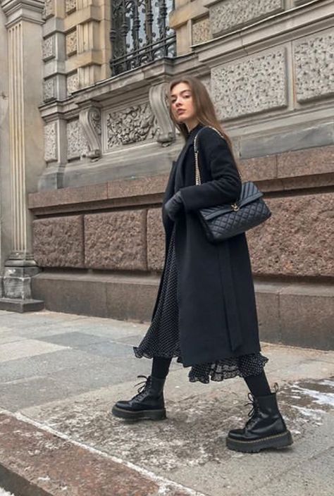 #outfitinspiration #chanelhandbags #drmartens  All black outfit. Dr Martens Outfit With Dress, Classy Dr Martens Outfit, Black Dress And Dr Martens Outfit, Black Martens Outfit, Black Layers Outfit, Dr Martens Black Outfit, Dr Martens Outfit Dress, Dr Martens Outfit Winter Dresses, Black Dr Martens Outfit