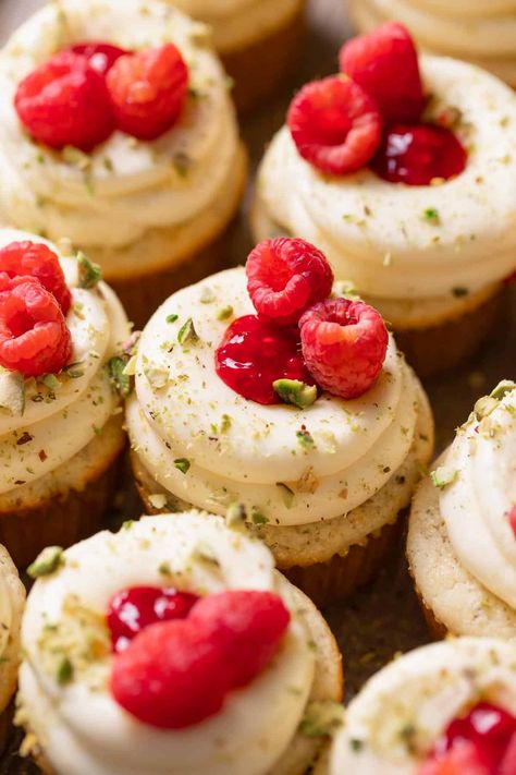 These moist lemon raspberry cupcakes are bursting with lemon and raspberry flavor with a hint of pistachio. Topped with tangy lemon frosting and fresh raspberries, they're perfect for any spring or summer occasion! Cambrea Bakes, Lemon Raspberry Cupcakes, Lemon Bar Cookies, Pistachio Cupcakes, Raspberry Pistachio, Lemon Raspberry Muffins, Lemon And Raspberry, Cupcake Photography, Summer Cupcakes