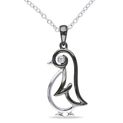 Diamond Accent Penguin Pendant in Two-Tone Sterling Silver Penguin Jewelry, Diamond Eyes, Peoples Jewellers, Bezel Diamond, Diamond Fashion, Silver Diamonds, Style Board, Black Diamond, Pendant Jewelry