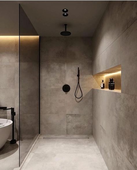 Grey Walk In Shower Ideas, Brown And Grey Bathroom, Light Brown Bathroom Ideas, Light Grey Bathroom Ideas, Hdb Toilet, Toilet Ideas, Ideas Baños, Bathroom Design Styles, Casa Interior