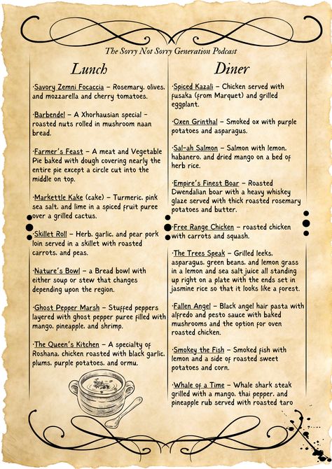 A menu inspired partly by dnd, critical role's Wildemount, and RPG games in general. Add this to your next campaign to add a little more fun to those inevitable tavern sessions Dnd Food Recipe, Watercolor Food Illustration, Game Cafe, Dnd Stories, Magic System, Dungeons And Dragons 5e, Watercolor Food, Fantasy Props, Literature Quotes