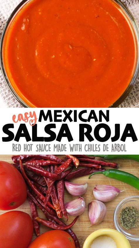 Authentic Mexican Salsa Roja, similar to the red hot sauce they serve at the Taco Shops! Easy to make, and ready in 20 minutes! Click for the full detailed recipe! #cleaneating #salsa #veganrecipes #mexicanfoodrecipes Enchilada Salsa Roja, Street Taco Hot Sauce, Taco Truck Red Sauce, Authentic Mexican Red Salsa, Mexican Red Hot Sauce, Red Sauce For Tacos, Authentic Mexican Salsa Roja, Mexican Red Sauce For Tacos, Mexican Hot Sauce Authentic