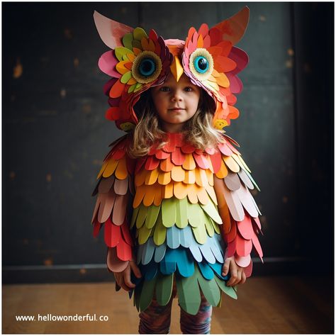 Rainbow Owl Costume. Kids Halloween costumes. DIY Owl costume Infant Owl Costume, Bird Fancy Dress Ideas For Kids, Diy Woodland Animal Costume, Diy Safari Animal Costume, Diy Horse Tail Costume, No Sew Owl Costume, Insect Family Costumes, Paper Costumes Diy, Beaver Costume Diy