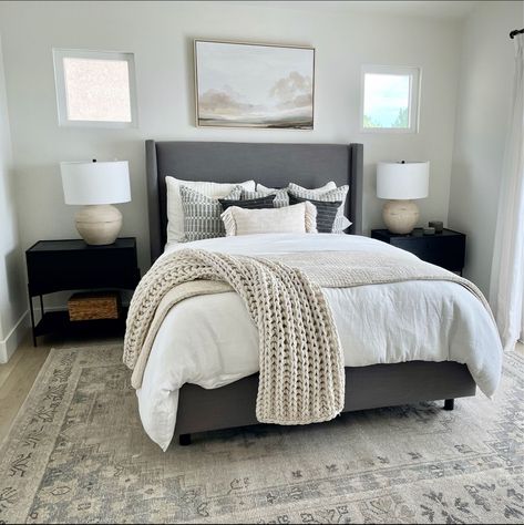 Dark Grey Bed In Bedroom, Gray Bedroom Interior, Master Bedding Ideas Cozy Bedroom Simple, Master Bedrooms Dark Bedframe, Grey Headboard Brown Bedding, White Bedding With Grey Headboard, Neutral Bedding Grey Headboard, Gray Bed With Black Furniture, Gray Backboard Bed