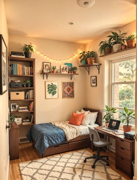 Ny Bedroom Small Spaces, Cozy Minimalist Bedroom Small Spaces, Earth Tones Dorm Room, Cozy Maximalism Small Bedroom, Bedroom Idea Minimalist, Small Room Arrangement Ideas, Small Cozy Room Decor Bedroom, Cozy Room Decor Small Bedrooms, Room Arrangement Ideas Bedroom