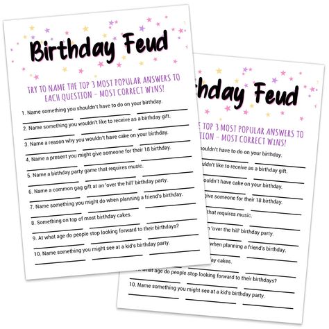 PRICES MAY VARY. ✔️ What Will You Receive：This game cards are includes 30 " Birthday Feud " card and a answer key( 5*7inches). These card are made of cardboard. Each batch is carefully packaged by hand and inspected carefully. ✔️ Easy and Fun： Your guests can easy to play this game. This is a fun game to play with your friends or guests. Your family, friends or guests try to name the top 3 most popular answers to each question, most correct wins! ✔️ Funny Game Ideas：We all know that icebreaker g Adult Birthday Party Games, Fun Sleepover Games, Bday Stuff, Birthday Party Table Decorations, Birthday Party Game, 30 Birthday, Sleepover Games, Funny Game, Ice Breaker Games