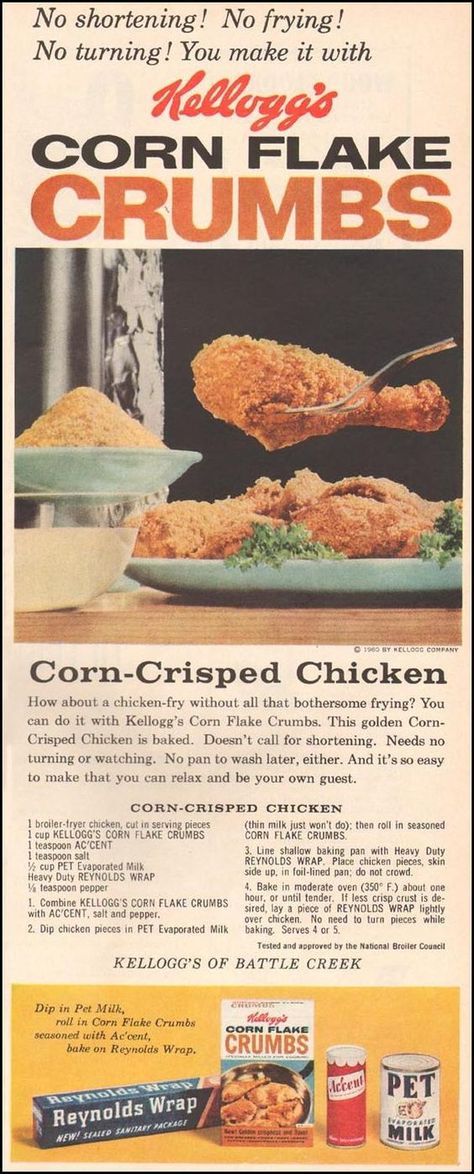 Kellogg's CORN FLAKE CRUMB Oven-Fried CHICKEN * Retro 1950's recipe * - Cindy's ON-Line recipe box Cornflake Chicken, Flake Recipes, 1950s Food, Corn Flake, Oven Chicken Recipes, Oven Fried Chicken, Vintage Cooking, Grandmas Recipes, Jerk Chicken