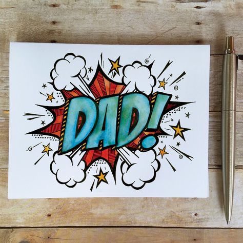 Wish your Superhero Dad a Happy Father's Day or just say thanks in a big way!  This card measures 5.5 x 4.25 inches (A2 card) and is printed on 110lb. white, thick, sturdy card stock. Each card comes with a matching white envelope and packaged inside a protective cellophane sleeve. These are blank inside and use a standard postage stamp. (Black pen not included.) All copyrighted artwork is exclusive to Pen & Color. Artwork is not to be copied, stored or reproduced in any form or by any means wit Fathers Day Card Design Ideas, Fathers Day Illustration Art, Fathers Day Sketches, Fathers Day Drawings Ideas, Easy Fathers Day Cards, Father's Day Drawing Ideas, Handmade Fathers Day Cards, Father's Day Drawings, Zentangle Cards