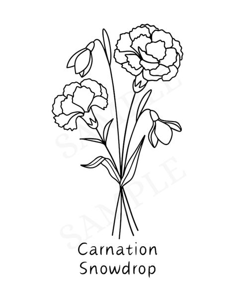 January Carnation Snowdrop B&W Birth Flower Wall Art Digital Decor Grandmother Garden Birthday Gift Custom Baby Nursery Wedding Art Photo - Etsy Carnation Bouquet Drawing, Carnations And Snowdrops, February Flower Drawing, Carnation Illustration Simple, Carnation And Snowdrop Flower Tattoo, January Tattoo, Snowdrop Flower Tattoo, January Birth Flower Tattoo, Carnation Flower Tattoo