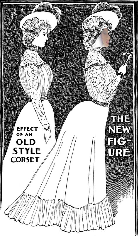 The Pigeon-Breast    The Edwardian period brought the S-shape silhouette. The flat-fronted corsets which thrust the hips backwards also lowered the bustline, neatly demonstrated in this illustration from Ladies Home Journal, 1900, comparing the Victorian silhouette with the new shape:   As the era wore on, the low, pigeon chest became more pronounced, with the bust spilling over low-fronted corsets or shaped and padded in "figure builder" brassieres. Istoria Modei, Edwardian Corsets, Mode Steampunk, Victorian Corset, 1900s Fashion, Chantal Thomass, Fashion Silhouette, Gibson Girl, Waist Training