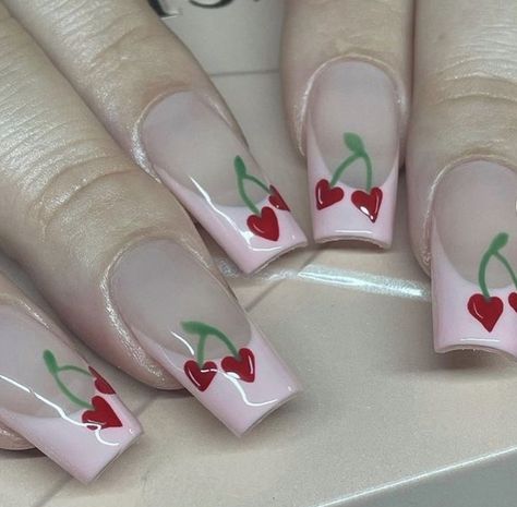 Black French Tip Cherry Nails, Acrylic Nails With Cherry Charms, Cherry Hearts Nails, Cheery Nail Designs, Cherry Print Nails, White Nails With Cherries, Cherries Nail Art, Cherry Acrylics, Strawberry French Tip Nails