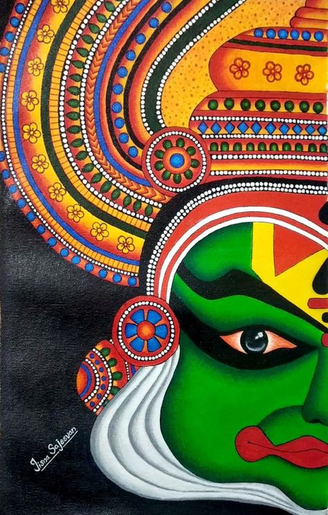 Kathakali Mandala Art, Modern Art Rangoli, Kathakali Painting Acrylic, Kathakali Face Drawing, Kathakali Mural, Kathakali Face Painting, Kathakali Drawing, Chandrayan 3 Drawing, Canvas Painting Indian