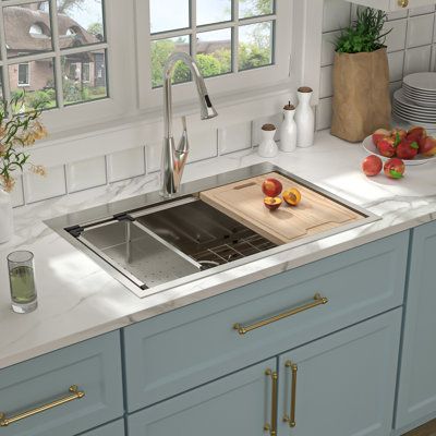 Features:The drop-in worksation kitchen sink is designed with ledges on the front and back to provide a track. The track converting your sink to a workspace provides us with more space to use. This top mount kitchen sink with sloped bottom and X shape drain grooves to allow complete water drainage. Commercial grade brushed satin finish, easy to clean and long-lastingThe package comes in a drop-in workstation kitchen sink, drain assembly, bottom rinse grid, rollup rack, and drain basket3.5" Stand Double Farmhouse Sink, Undermount Bar Sink, Workstation Sink, Topmount Sink, Pot Filler Kitchen, Drop In Kitchen Sink, Kitchen Sink Stainless Steel, Stainless Sink, Sink Grid