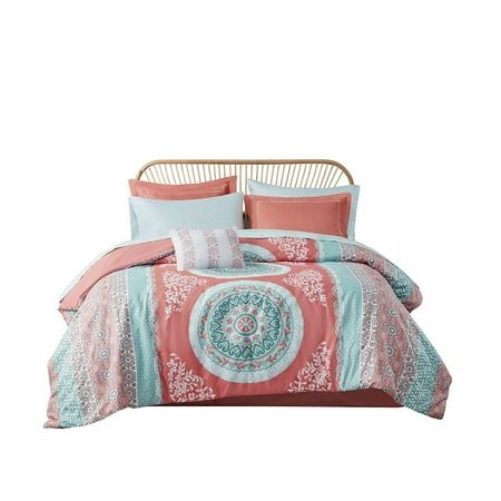 Introducing the Boho Comforter Set with Bed Sheets, a bright and casual update to your bedroom decor. The comforter features a large medallion print in coral and aqua, with subtle bohemian details highlighted in white, while coordinating shams (1 in Twin/TwinXL) with embroidered borders perfectly complement the comforter. The set also includes a decorative pillow with ruched and pieced detailing, as well as a solid navy bed skirt to finish the look. In addition, the bedding set comes with a comp Relaxing Bedding, Coral And Aqua, Comforter Sets Boho, Boho Bedding Sets, Coral Bedding, Full Comforter Sets, Boho Comforters, Twin Comforter Sets, Twin Xl Comforter