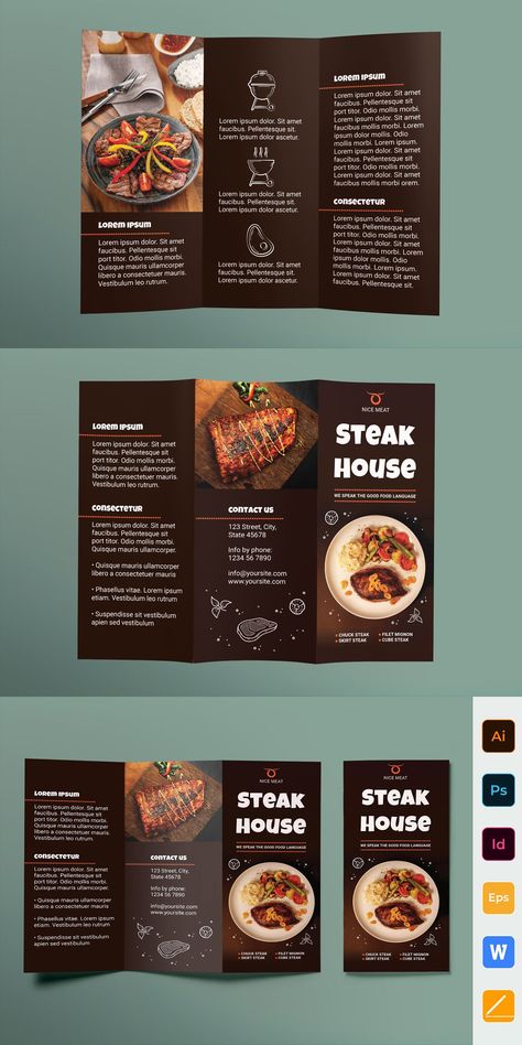 Steak House Brochure Trifold Restaurant Card Design, House Brochure, Food Brochure, Menu Cover Design, Restaurant Card, Brochure Food, Menu Design Inspiration, Brochure Trifold, Brochure Design Creative