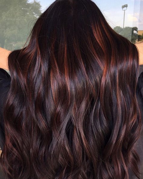 Mahogany Balayage, Curly Highlights, Mahogany Hair, Chocolate Hair, Dark Hair With Highlights, Red Highlights, Winter Hair Color, Balayage Brunette, Fall Hair Color