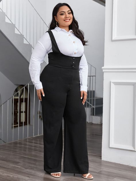 Plus Button Front Wide Leg Solid Suspender Jumpsuit | SHEIN USA Corporate Jumpsuit, Wide Legged Jumpsuit, Suspender Jumpsuit, Satin Pyjama, Corporate Baddie, Professional Dress, Suspenders For Women, Corporate Wear, Stylish Work Attire