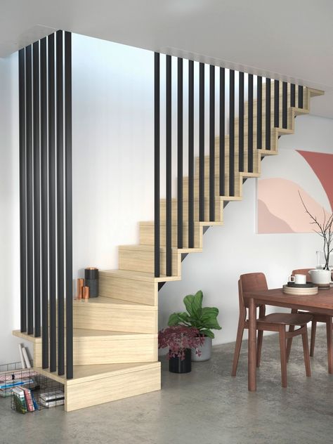 Un claustra pour escalier intérieur, ça envoie du bois - Joli Place Small Space Stairs Design, Stairs For Small Spaces, Small Space Stairs, Small House Living Room, Staircase Design Modern, Stairs Design Interior, Escalier Design, Stairway Design, Stairs Design Modern