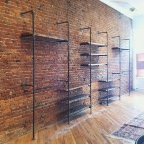 Wall Mounted Wood Shelves, Fredrikstad, Pipe Furniture, Pipe Shelves, Reclaimed Wood Wall, Brick Walls, غرفة ملابس, Retail Store Design, Store Fixtures