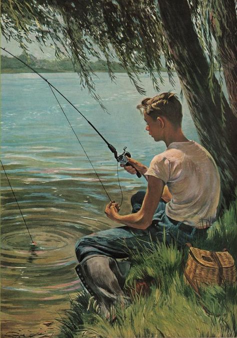 Fishing Peace.  - "Looking at the quiet flowing stream rather than at the intrusive cellphone screen" Fishing Photos, Fishing Pictures, Boy Fishing, Fish Wallpaper, Fish Drawings, Beautiful Landscape Wallpaper, Gone Fishing, Fish Painting, Vintage Fishing