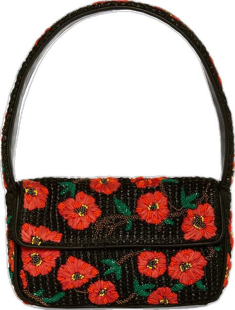 STAUD RAFFIA TOMMY BEADED BAG CALIFORNIA POPPY BLACK RAFFIA Staud Tommy Bag, Tommy Beaded Bag, Beaded Shoulder Bag, Poppy Pattern, Dragon Ring, Beaded Bag, California Poppy, Beaded Handbag, Bags Aesthetic