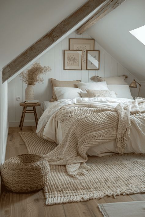 29 Attic Bedroom Ideas: Transform Your Space into a Cozy RETREAT Farmhouse Loft Bedroom, Refinished Attic Space, Attic Style Bedroom Ideas, Coastal Attic Bedroom, Cathedral Bedroom Ceiling, Vaulted Ceiling Beams Bedroom, Cosy Attic Bedroom, Attic Bedrooms Ideas, Bedroom With Sloped Ceiling