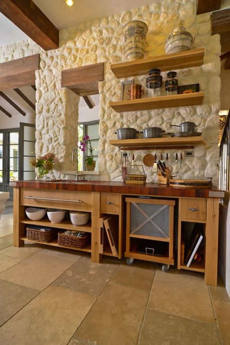 Beautiful Woodside Estate with Mediterranean Style Living Kitchen Stone Wall, Mediterranean Kitchen Design, Italian Kitchen Design, Kitchen Cupboards Paint, House Mediterranean, Mediterranean Kitchen, Stucco Homes, Courtyard Design, Stone Walls