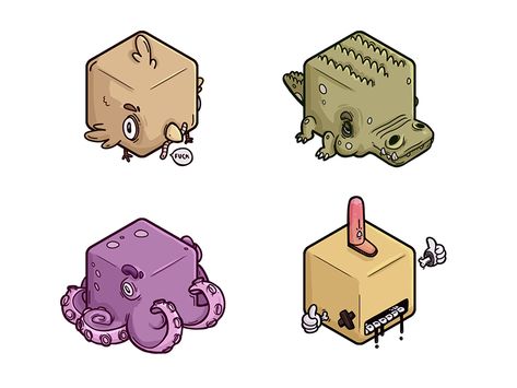 by Illustration Factory Isometric Doodles, Game Controller Art, Isometric Cube, Animals Graphic, Art Toys Design, Simple Character, Isometric Art, Cube Design, Dibujos Cute