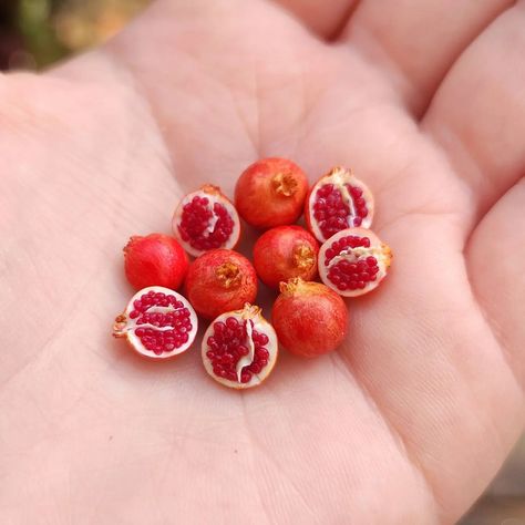 Moon Lighting - A handful of pomegranates in miniature. | Facebook Pomegranate Clay Art, Polymer Clay Pomegranate, Clay Pomegranate, Moon Lighting, Clay Stuff, Polymer Clay Miniatures, Clay Miniatures, Red Fruit, Mini Foods